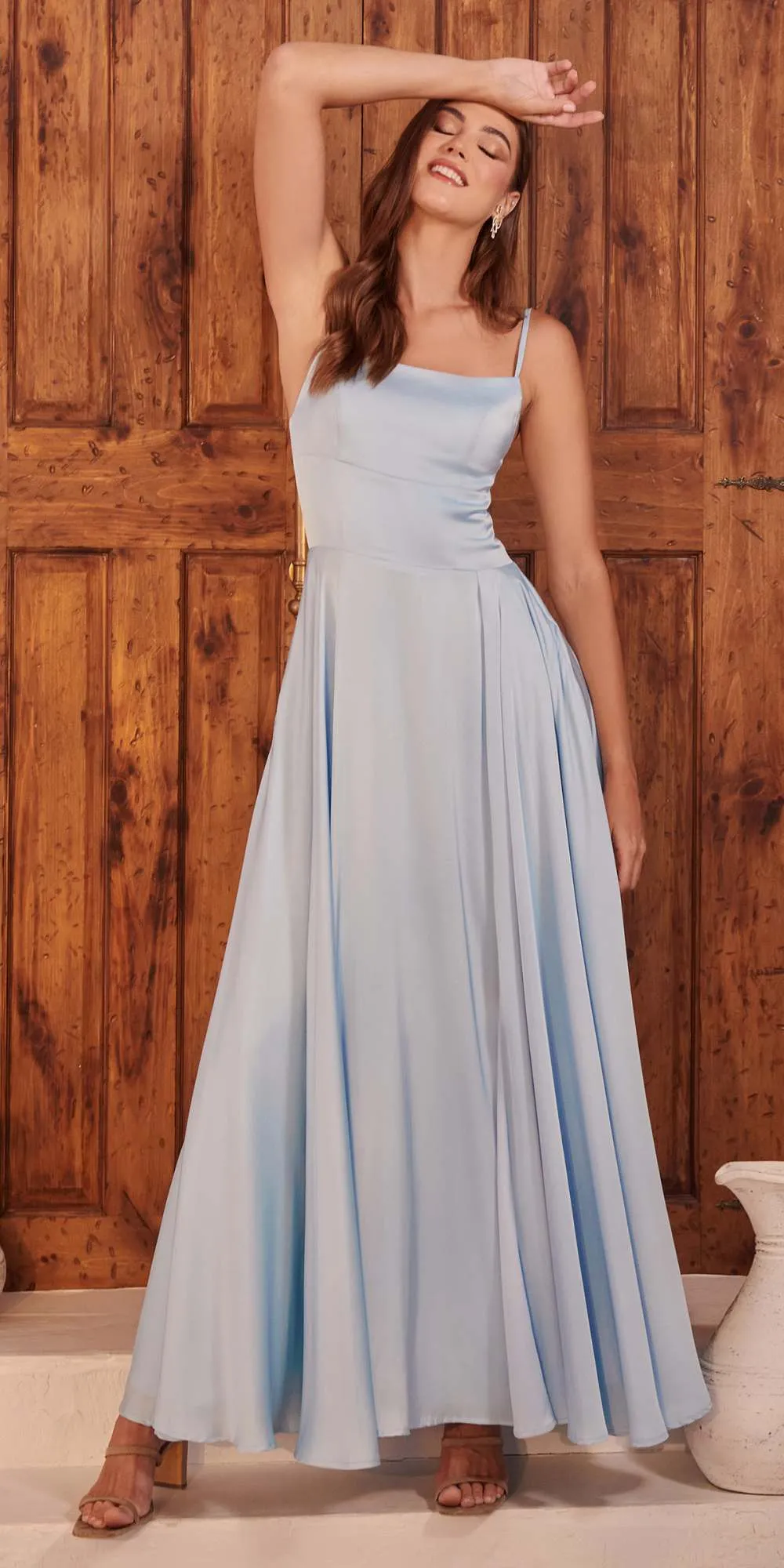 Ladivine B8402 Long Square Neck Pockets Satin A-Line Gown