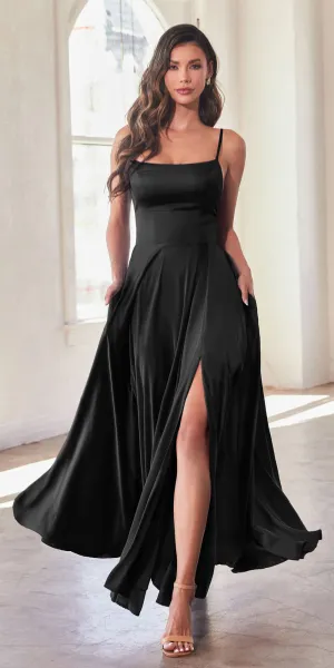 Ladivine B8402 Long Square Neck Pockets Satin A-Line Gown