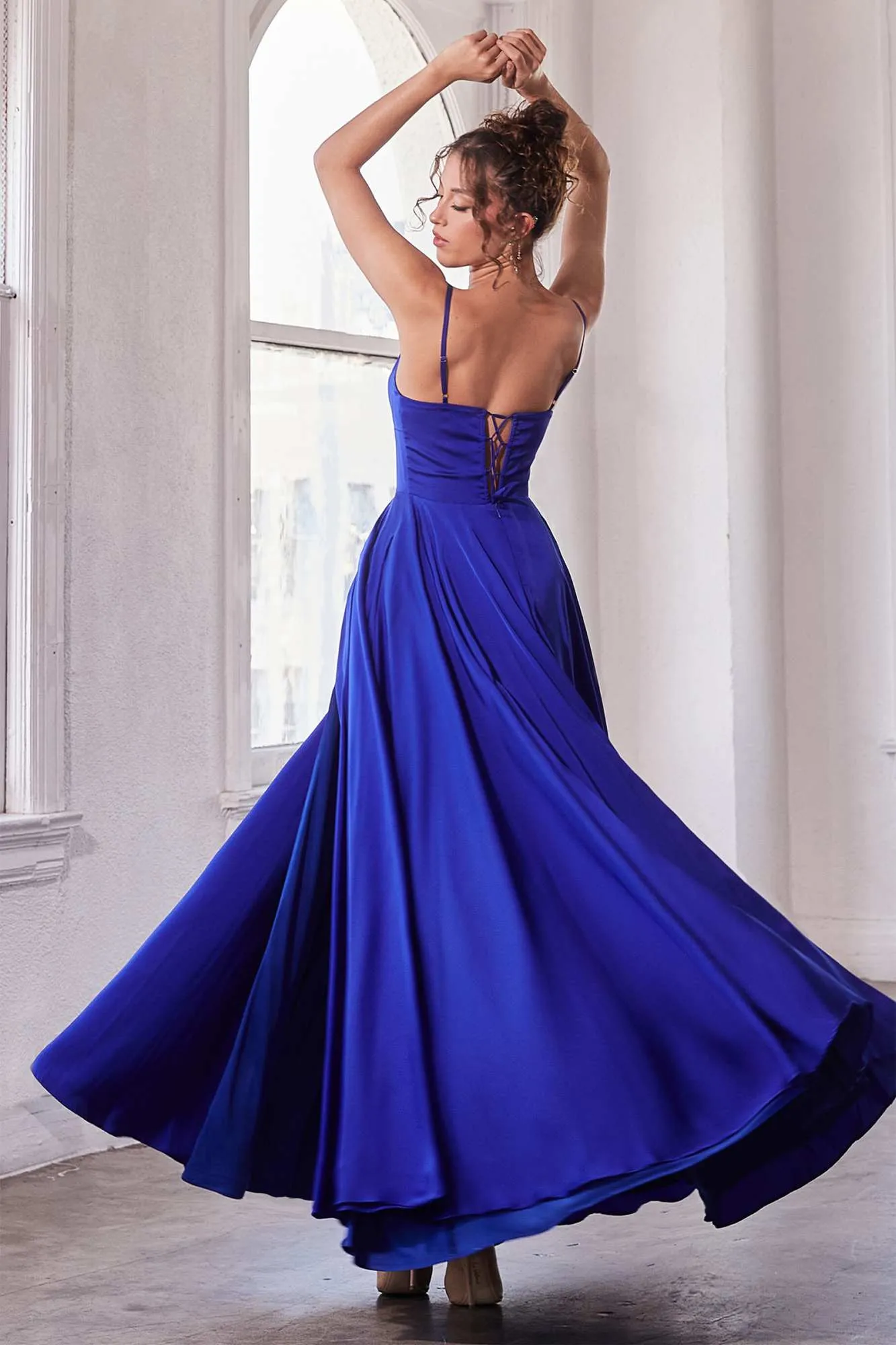 Ladivine B8402 Long Square Neck Pockets Satin A-Line Gown