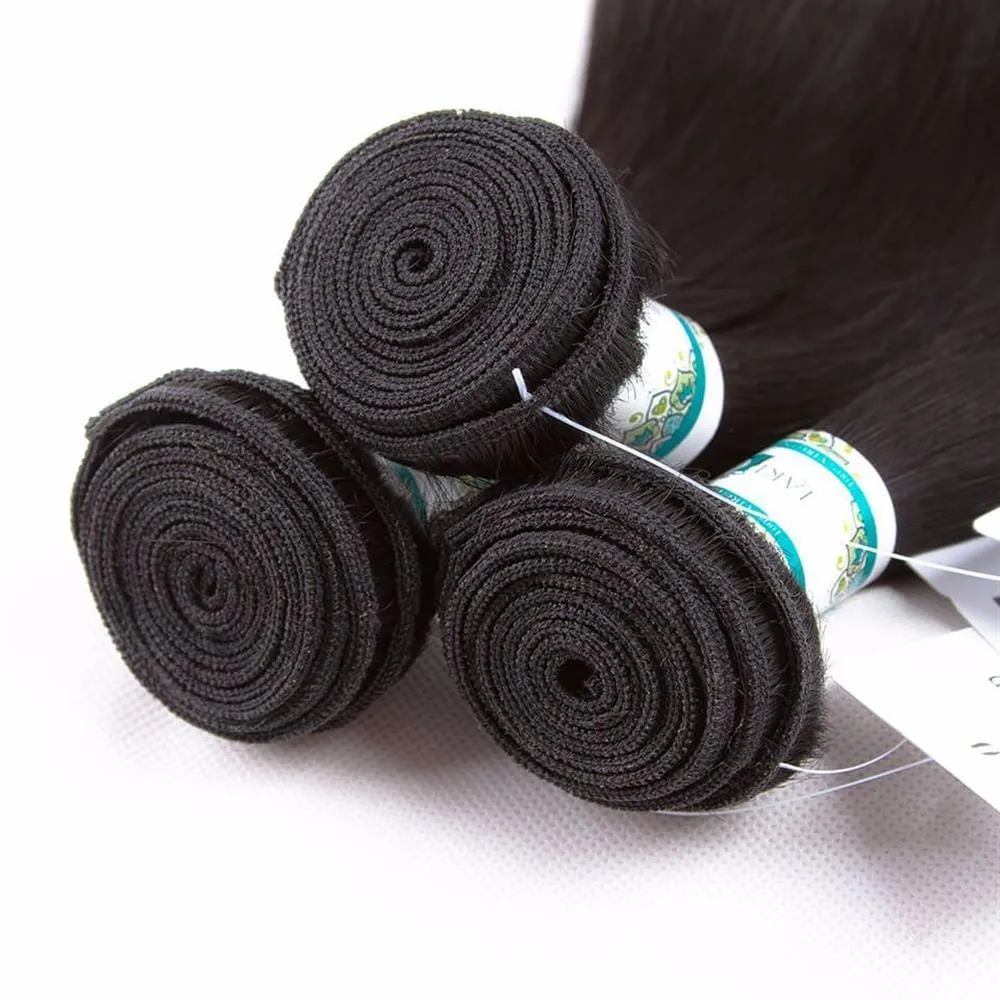 Lakihair 8A Brazilian Virgin Human Hair Straight Hair 3 Bundles With 13x4 Lace Frontal Pre Plucked