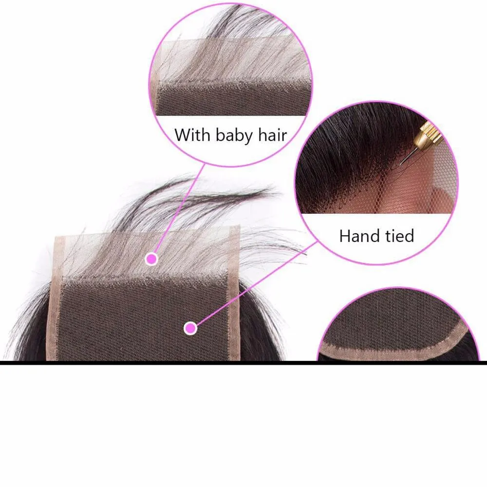 Lakihair Silk Base Closure Brazilian Body Wave Human Hair Swiss Lace with Bleached Knots 4x4