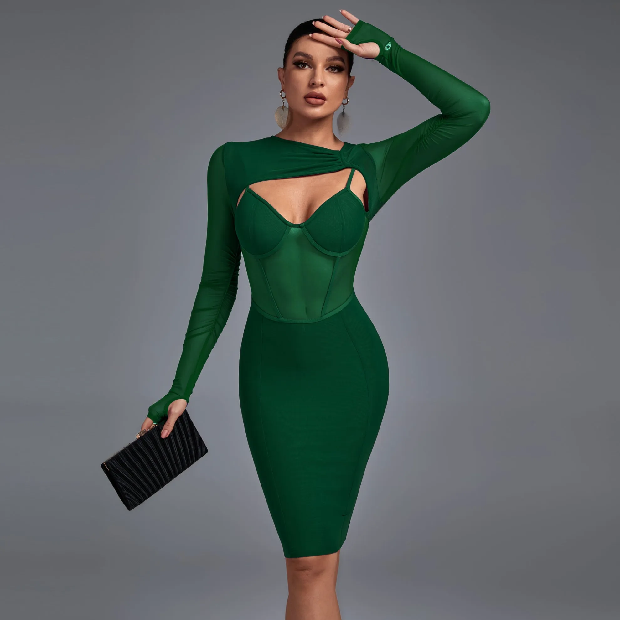 Long Sleeve Cut Out Mesh Bandage Dress