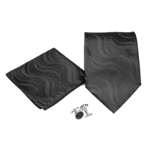 Men's Black-Black Wavy Pattern Design 4-pc Necktie Box Set