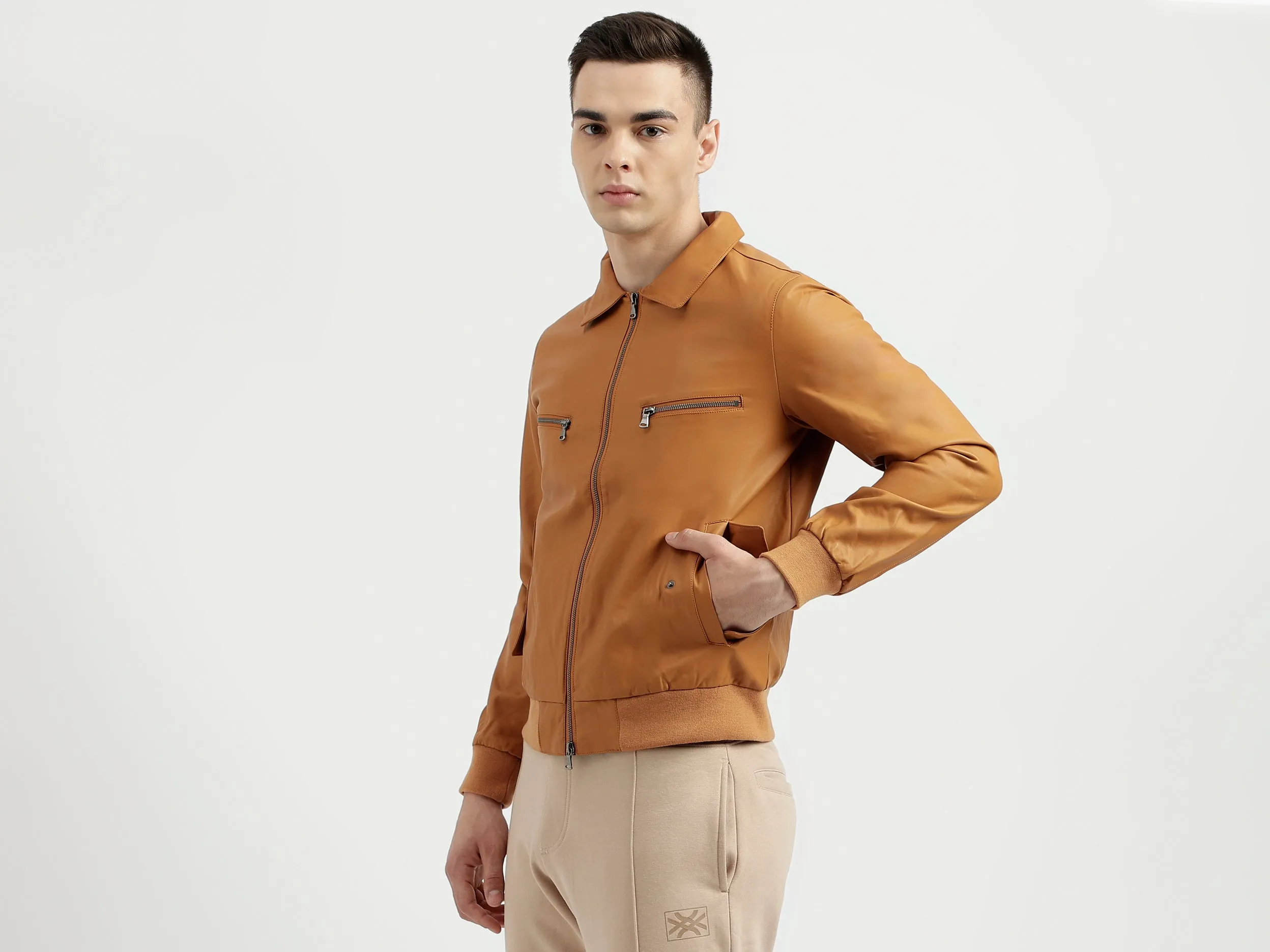 Men's Regular Fit Solid Metalic Zip Detail Jacket