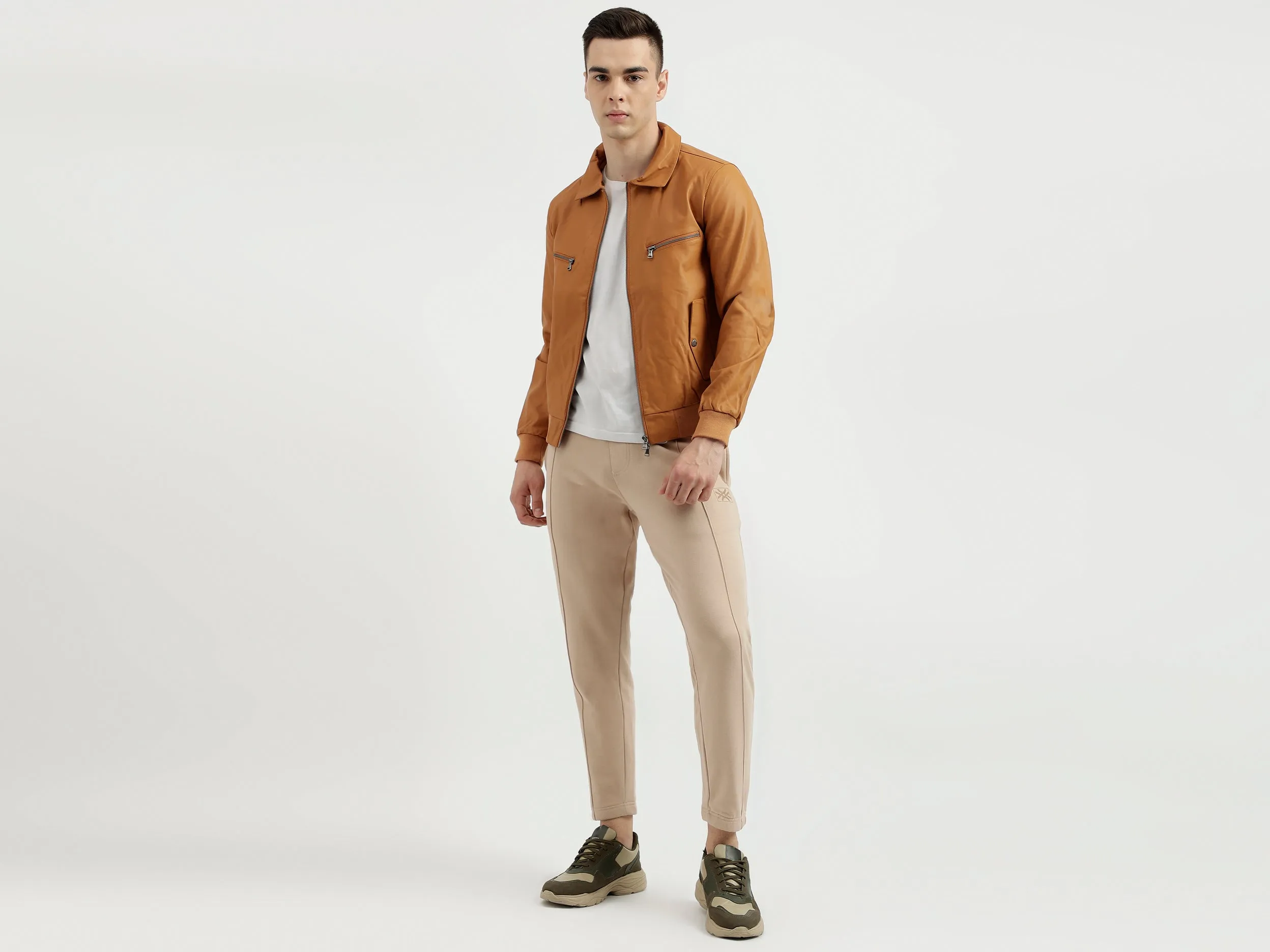 Men's Regular Fit Solid Metalic Zip Detail Jacket