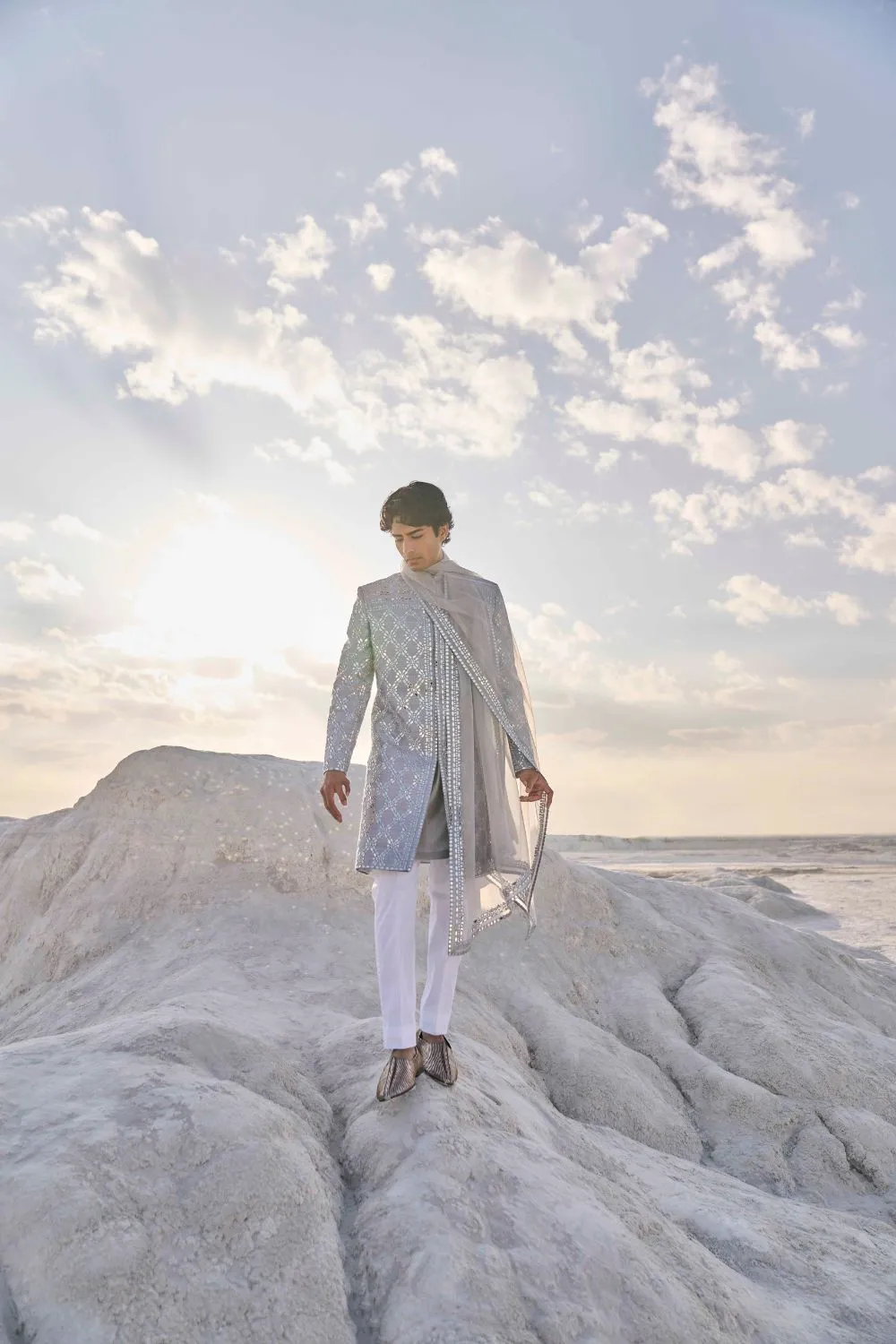 Metallic Grey Mirror Work Sherwani Set