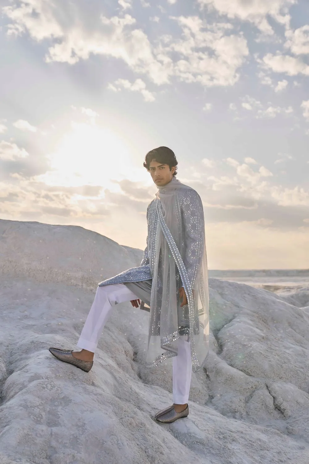 Metallic Grey Mirror Work Sherwani Set