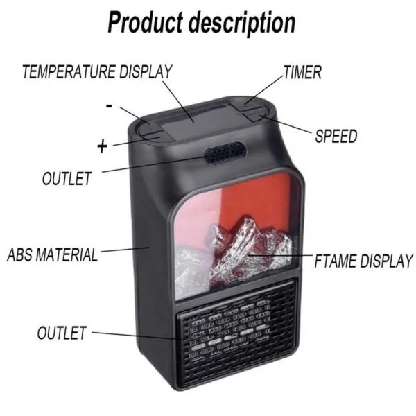 Mini Flame Heater Fan Electric Remote Control Fireplace Timer Space For Home/Office/Travel