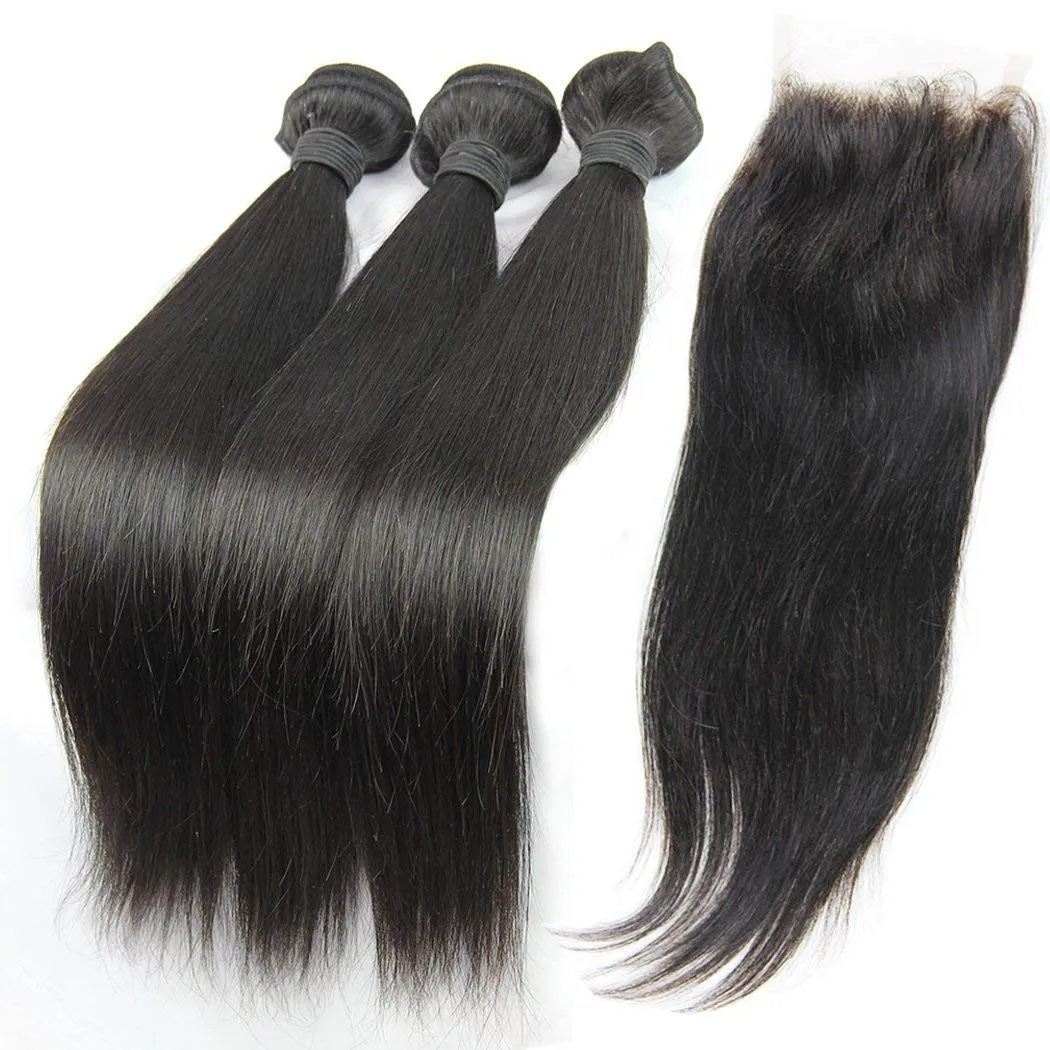 MsFenda Hair Top Quality 100% Raw Virgin Peruvian Human Hair Straight Hair 3pcs 10"-30"  1 Pcs Lace Closure (4*4) Natural Color