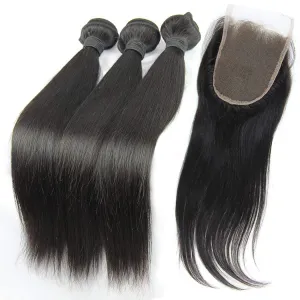 MsFenda Hair Top Quality 100% Raw Virgin Peruvian Human Hair Straight Hair 3pcs 10"-30"  1 Pcs Lace Closure (4*4) Natural Color