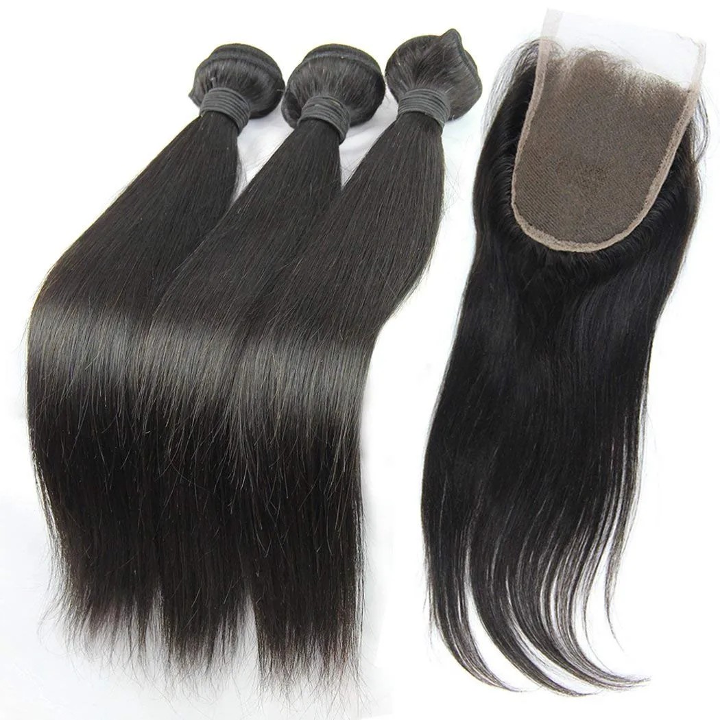 MsFenda Hair Top Quality 100% Raw Virgin Peruvian Human Hair Straight Hair 3pcs 10"-30"  1 Pcs Lace Closure (4*4) Natural Color