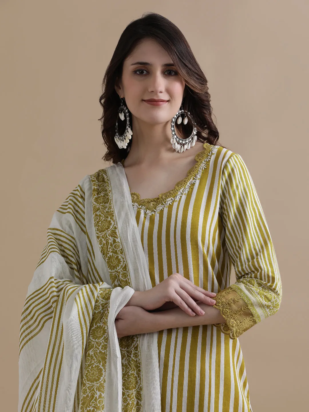Mustard Striped Printed Thread Work Pure Cotton Kurta With Pant & Mulmul Dupatta