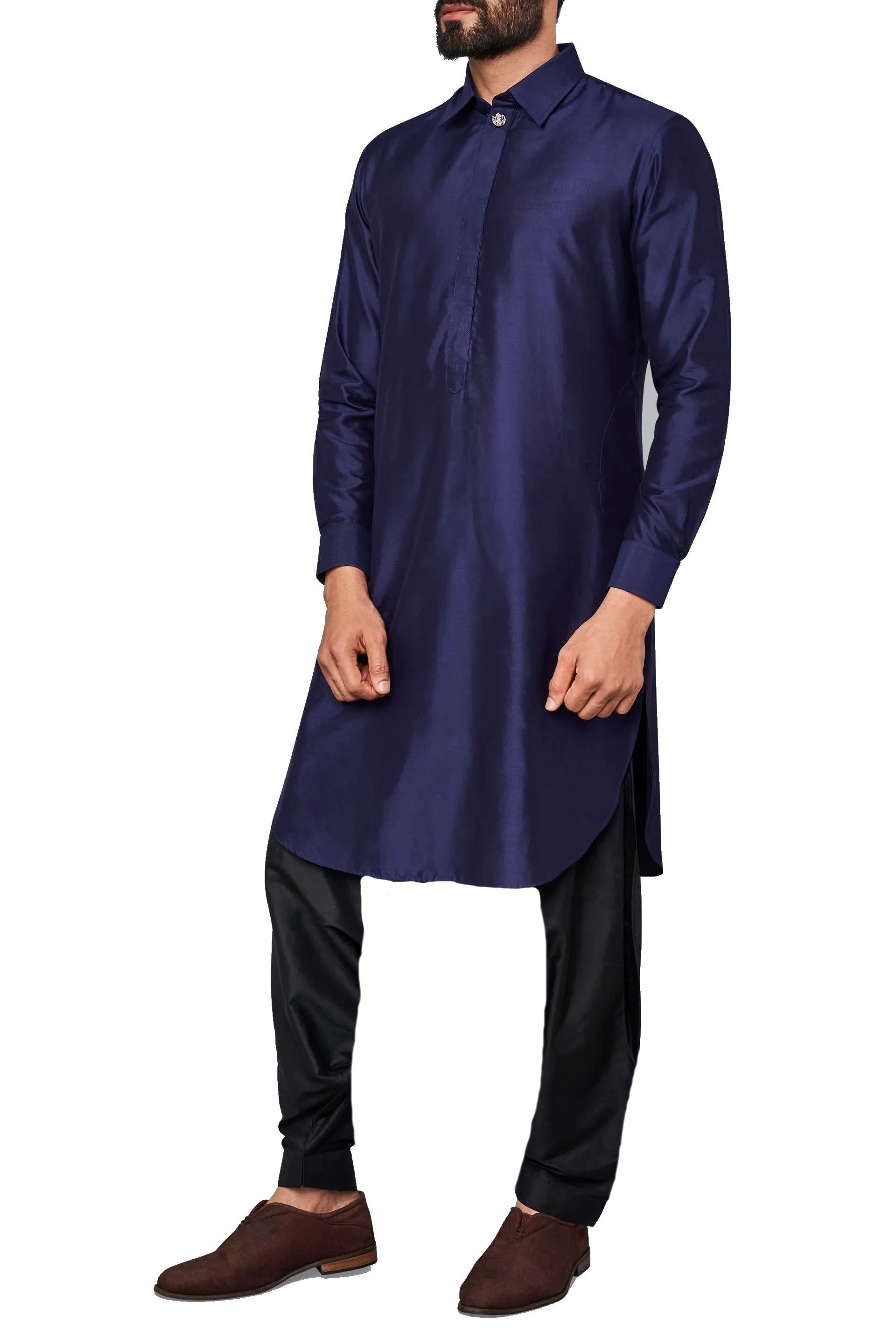 Navy Blue Classic Cotton Silk Kurta With Salwar or Churidaar Pajami