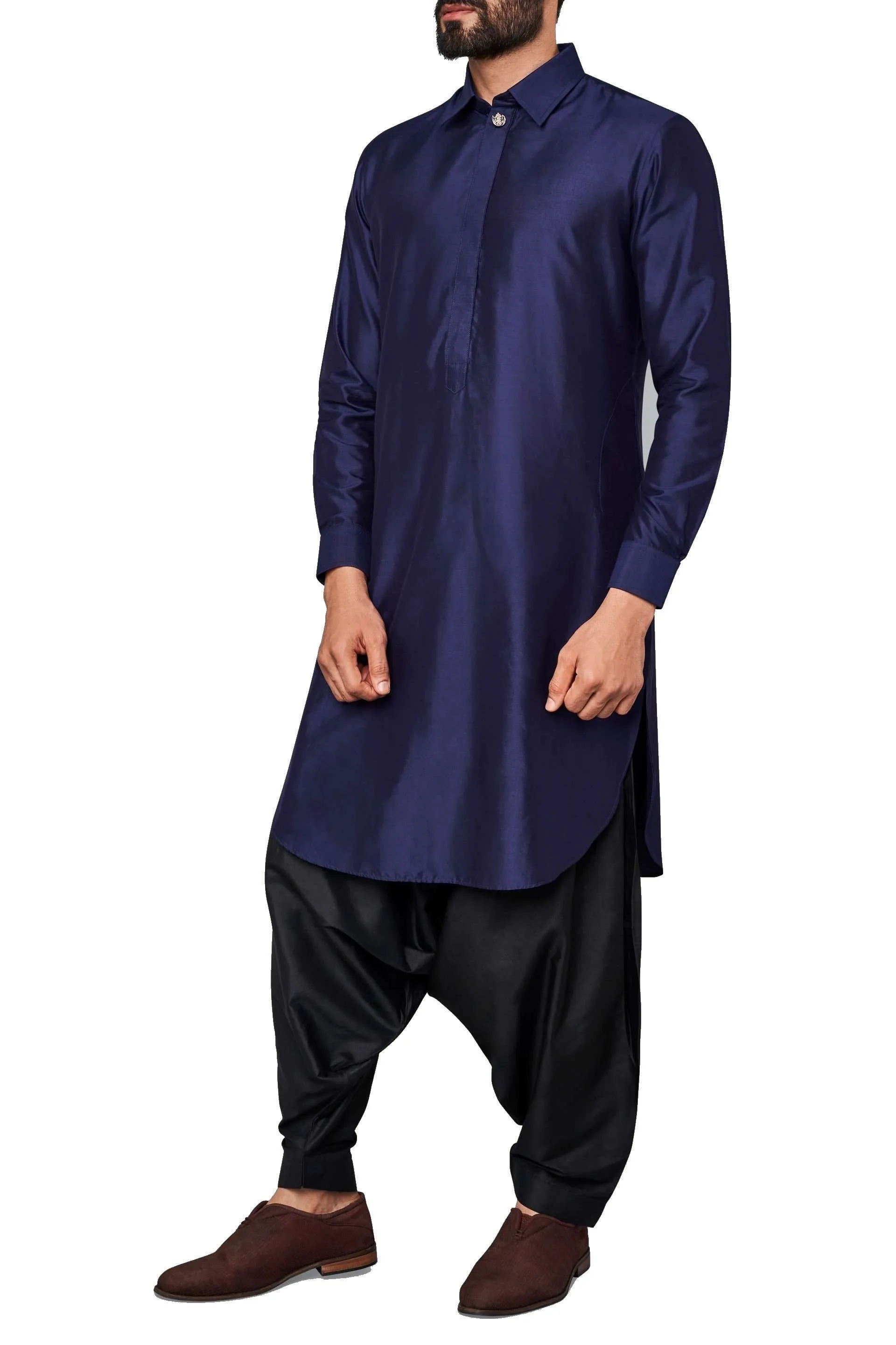 Navy Blue Classic Cotton Silk Kurta With Salwar or Churidaar Pajami