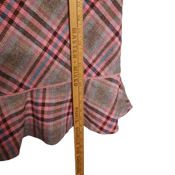 NESS ITALY Pink Blue Plaid Print Ruffle Hem Straight Pencil Skirt 8 (Medium)