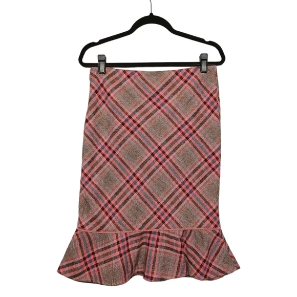 NESS ITALY Pink Blue Plaid Print Ruffle Hem Straight Pencil Skirt 8 (Medium)