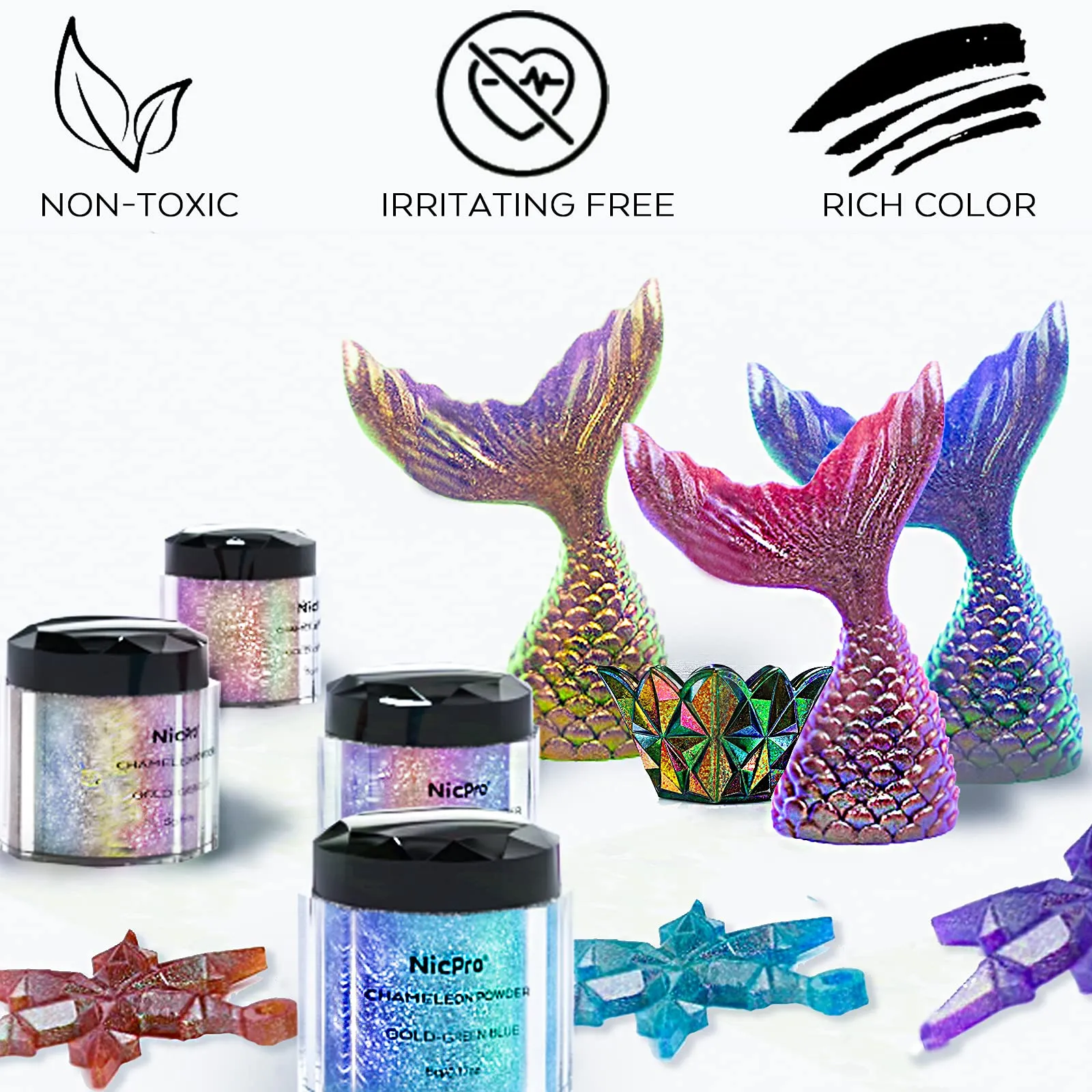Nicpro 8 Color Chameleon Powder Pigment Set, Updated Mica Powder for Epoxy Resin, Soap Making, Candle Making, Bath Bombs, Slime, Flakes Eyeshadow, Nail Art, Christmas Makeup (0.17 oz/jar)