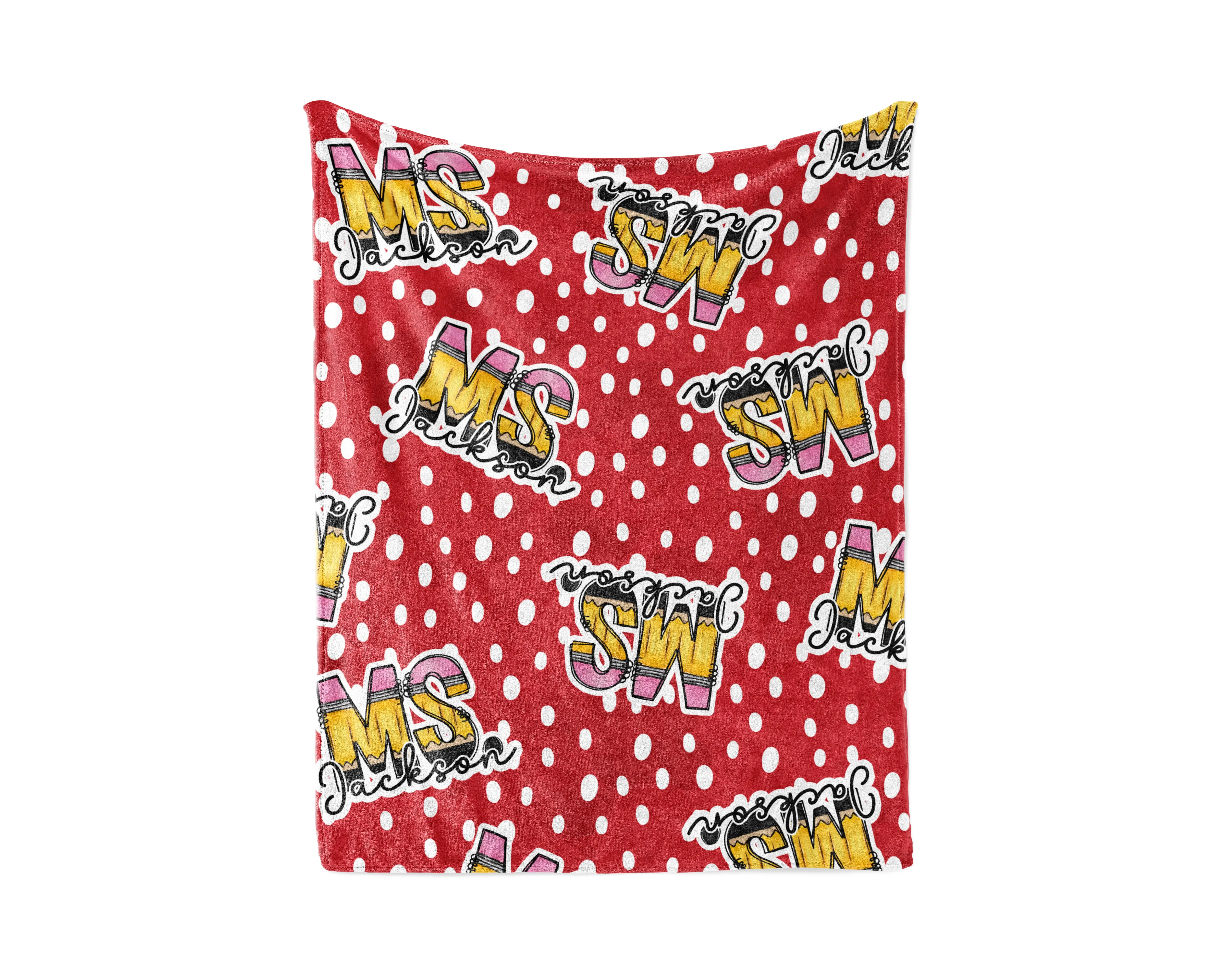 Personalized Red Dots Pencil Name Fleece Blanket