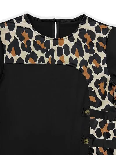 Plus Size Leopard Print Round Neck Long Sleeve Dress