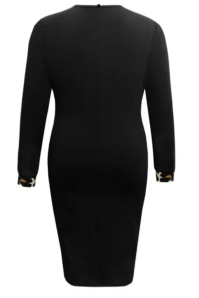 Plus Size Leopard Print Round Neck Long Sleeve Dress
