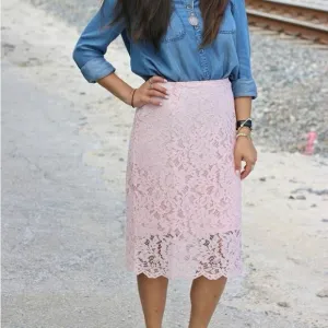 Rachel Parcell | Women’s Pencil Skirt Pink Venetian Lace High Waist Floral Rose