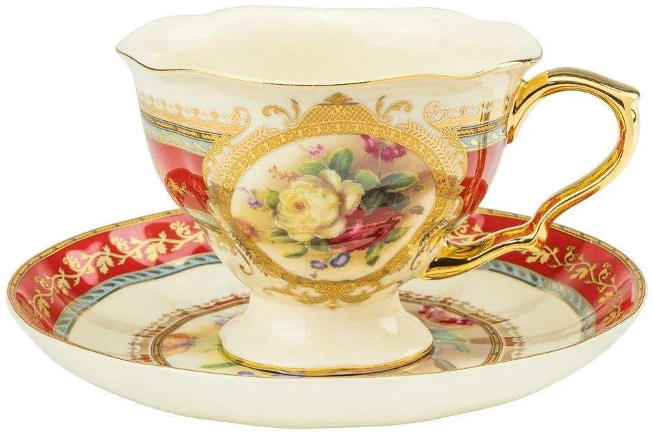 Royalty Porcelain 24-pc Tea Cake Set 'Britten' For 6, Bone China Porcelain (Red)