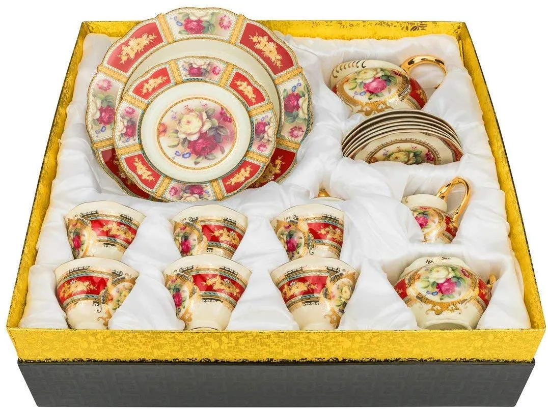 Royalty Porcelain 24-pc Tea Cake Set 'Britten' For 6, Bone China Porcelain (Red)