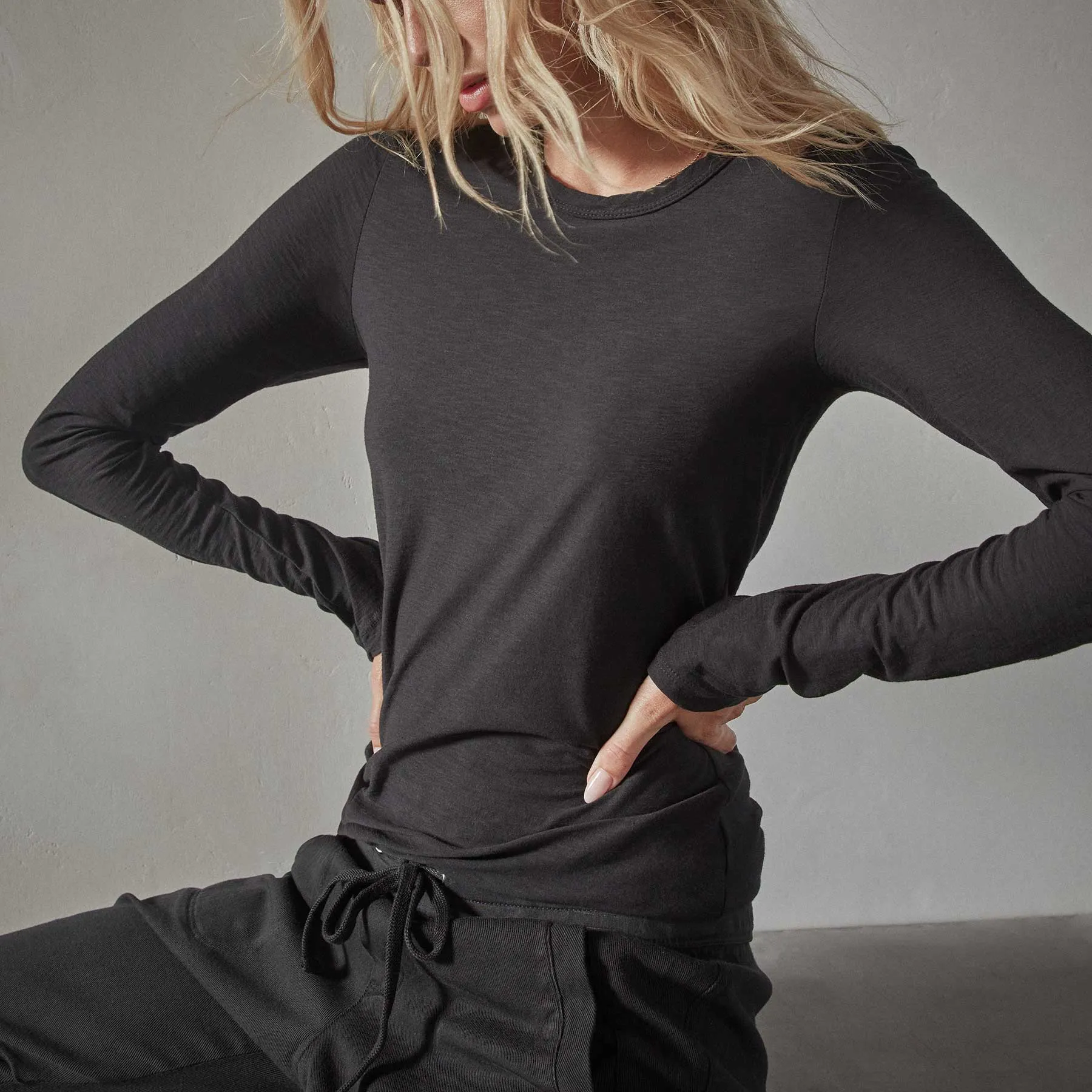Sheer Slub Long Sleeve Crew - Black