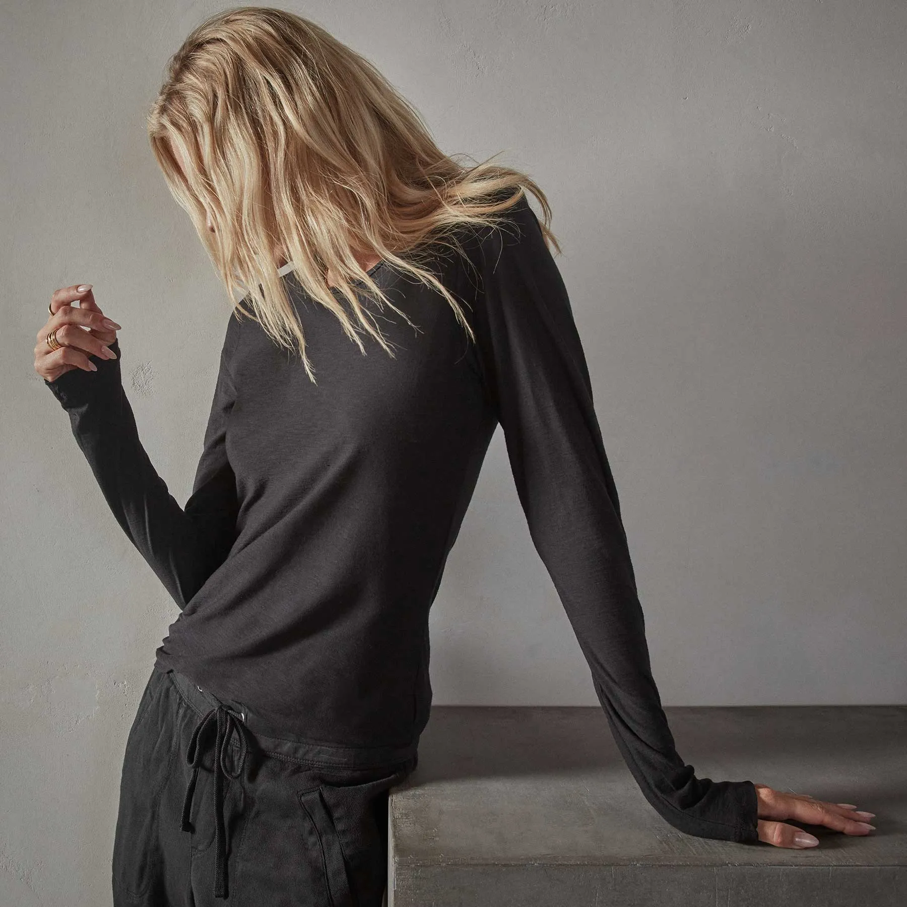 Sheer Slub Long Sleeve Crew - Black