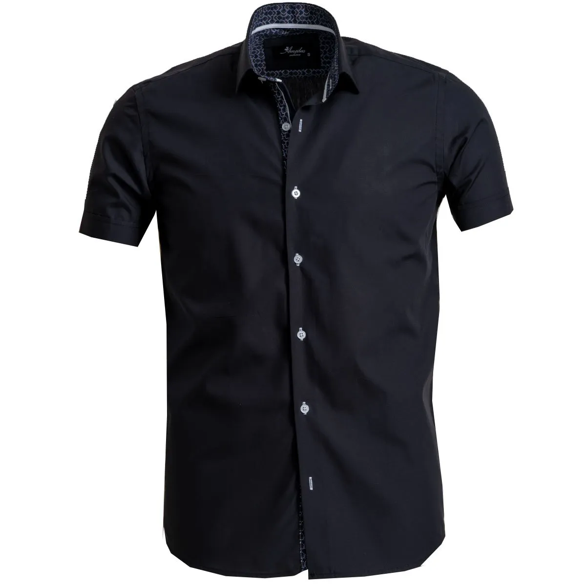 Solid Black Mens Short Sleeve Button up Shirts - Tailored Slim Fit Cotton Dress Shirts