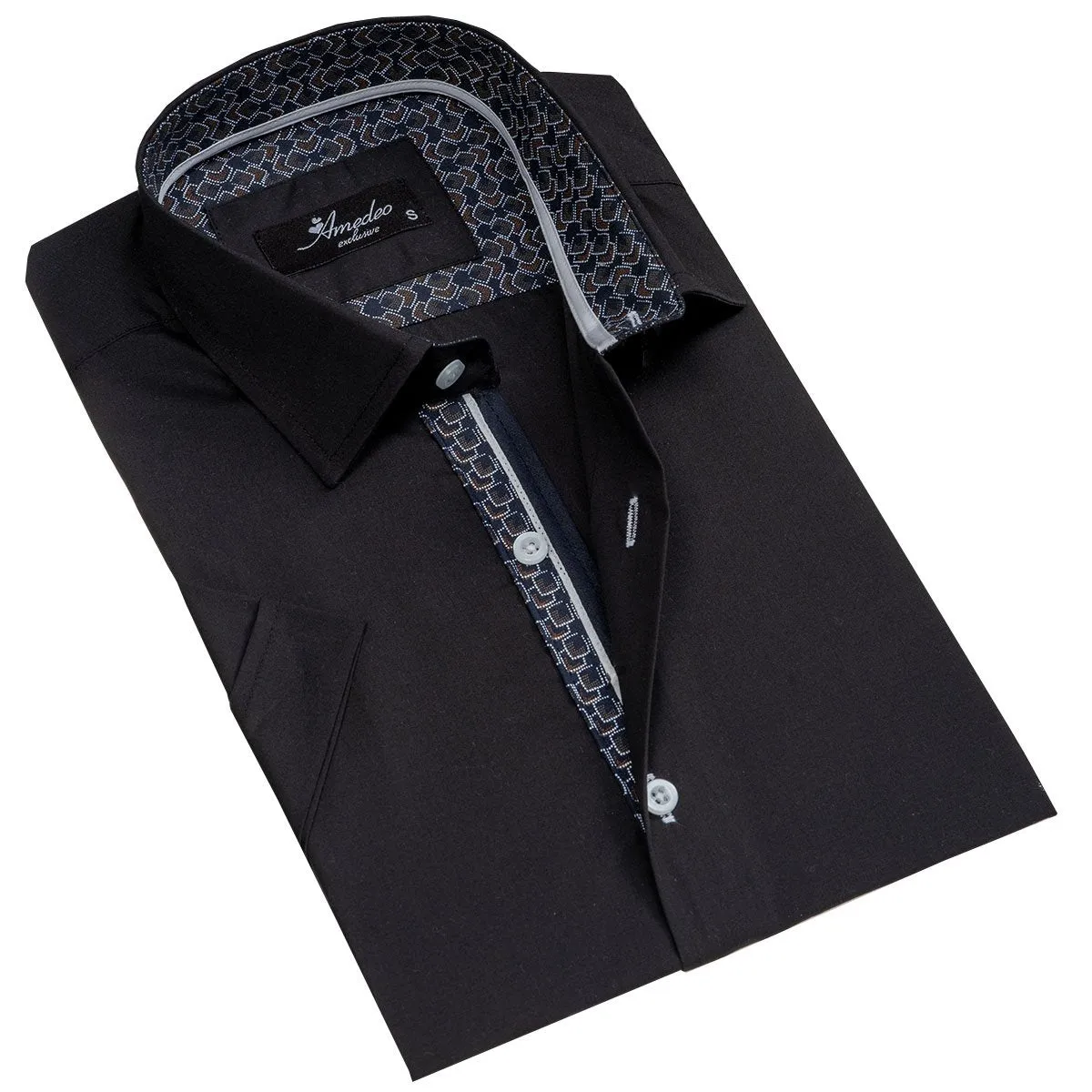 Solid Black Mens Short Sleeve Button up Shirts - Tailored Slim Fit Cotton Dress Shirts