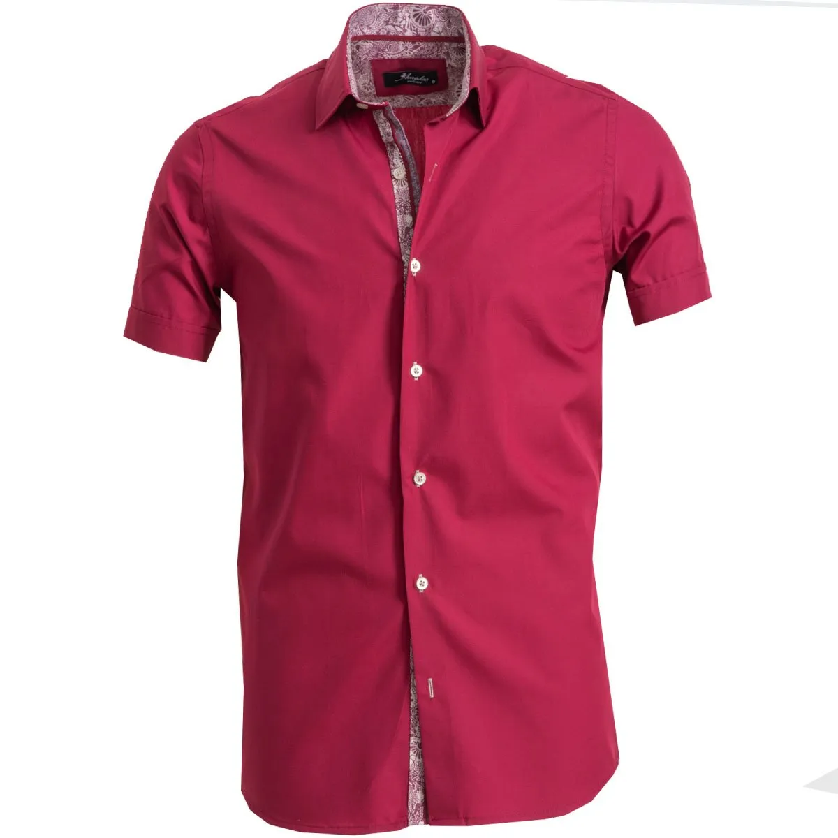 Solid Burgundy Mens Short Sleeve Button up Shirts - Tailored Slim Fit Cotton Dress Shirts