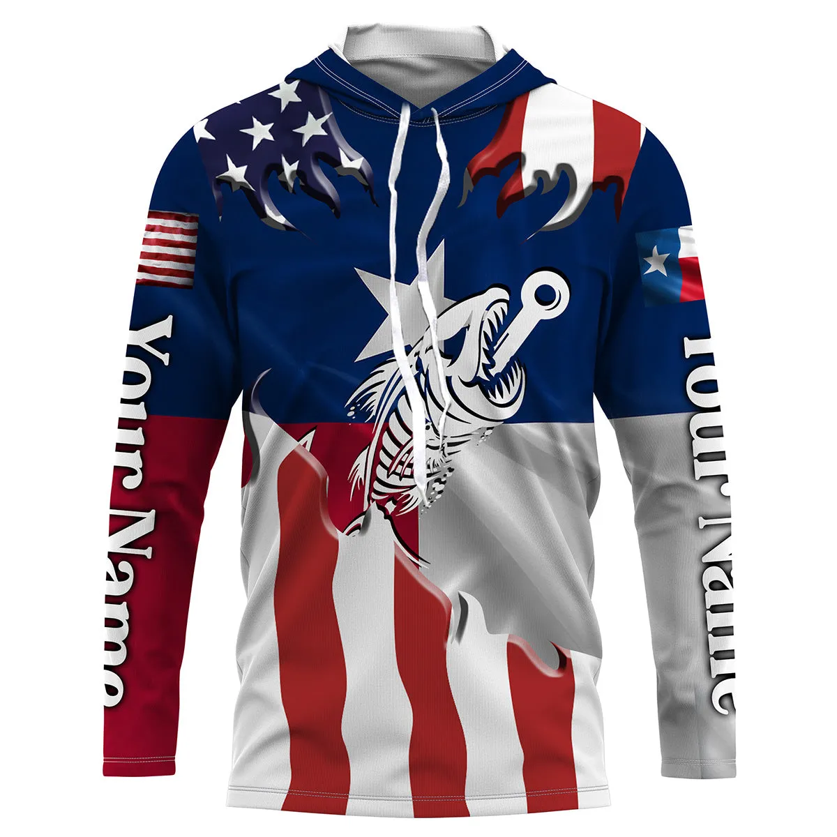 Texas American flag Fishing fish hook skull Custom name Long sleeve, Long Sleeve Hooded NPQ922