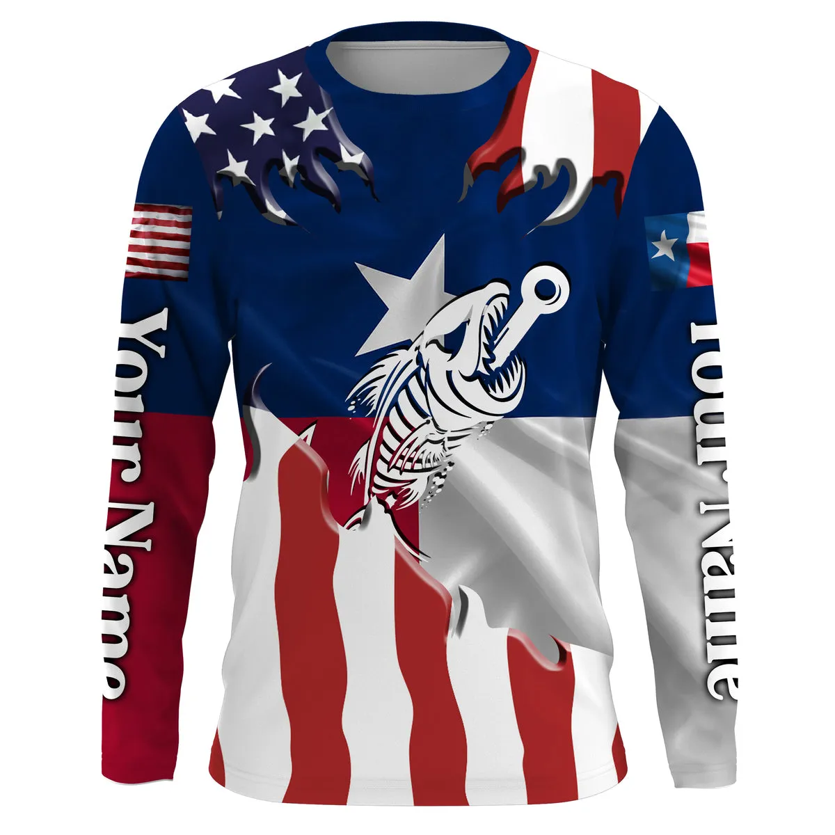 Texas American flag Fishing fish hook skull Custom name Long sleeve, Long Sleeve Hooded NPQ922