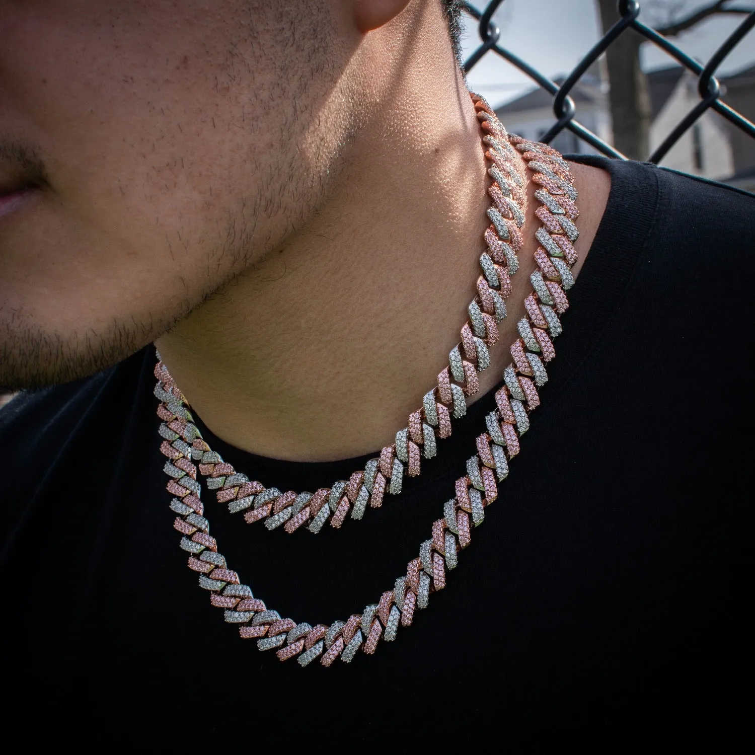 Two-Tone Diamond Straight Edge Cuban Link Chain (12mm) in Rose/White Gold