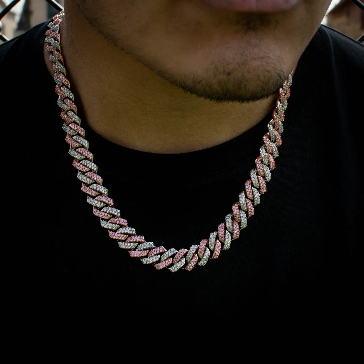 Two-Tone Diamond Straight Edge Cuban Link Chain (12mm) in Rose/White Gold