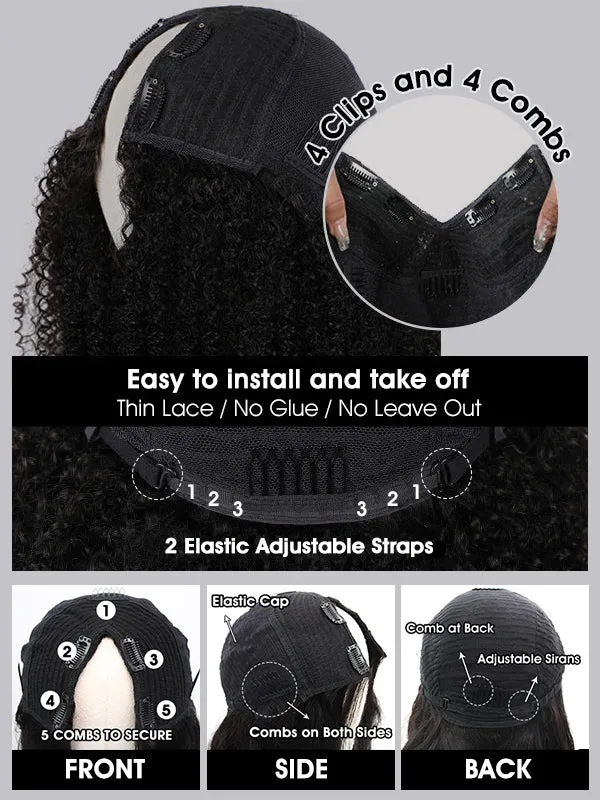Wavymy Beginner Friendly Straight V Part Wig No Glue No Sew No Gel Human Hair Wig 180 Density Thin Part Wig