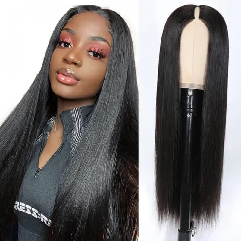 Wavymy Beginner Friendly Straight V Part Wig No Glue No Sew No Gel Human Hair Wig 180 Density Thin Part Wig