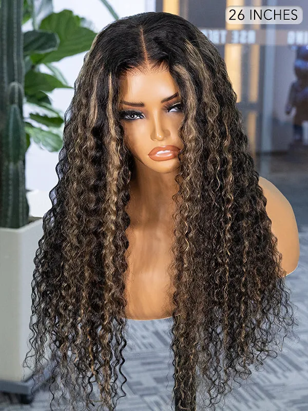 Wavymy Blonde Highlight Water Wave Wear Go Glueless Wigs 6x4 Pre-Cut Lace Pre-Plucked Wigs 180% Density 100% Human Hair