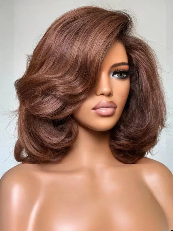 Wavymy Brown Layered Wave Shorb Bob Wigs M-Cap 9x6 Pre-Cut Lace Wear Go Glueless Wigs 180 Density