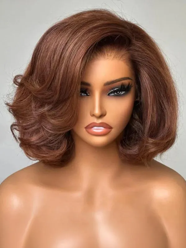 Wavymy Brown Layered Wave Shorb Bob Wigs M-Cap 9x6 Pre-Cut Lace Wear Go Glueless Wigs 180 Density