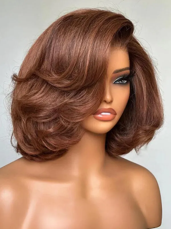 Wavymy Brown Layered Wave Shorb Bob Wigs M-Cap 9x6 Pre-Cut Lace Wear Go Glueless Wigs 180 Density
