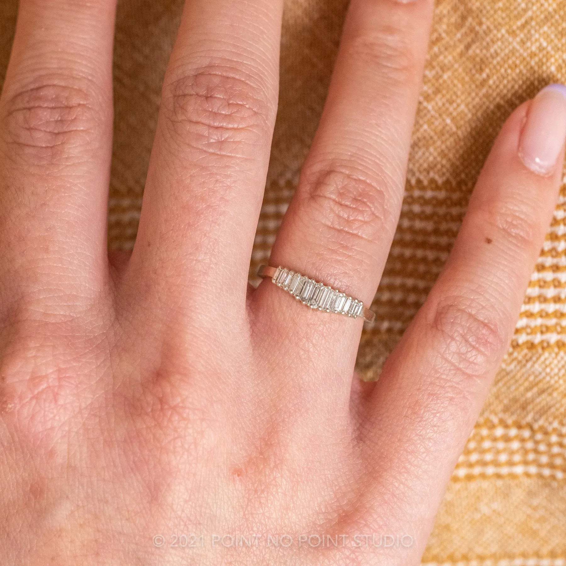 White Baguette Sparrow Diamond Wedding Band, 14k White Gold