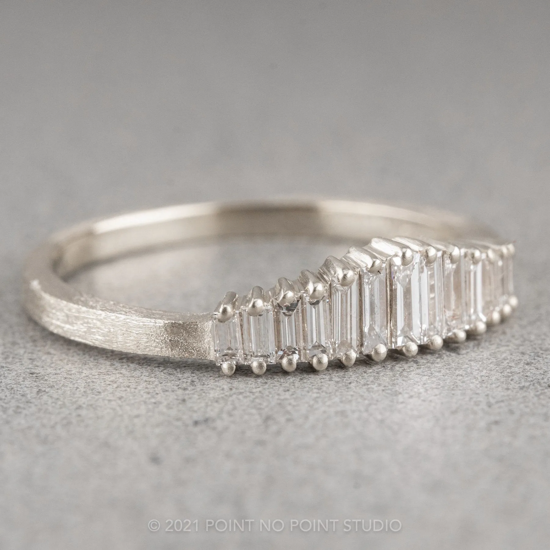 White Baguette Sparrow Diamond Wedding Band, 14k White Gold