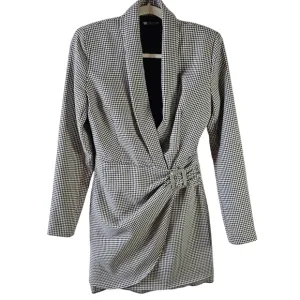 ZARA faux wrap blazer with bling buckle houndstooth print Small 041