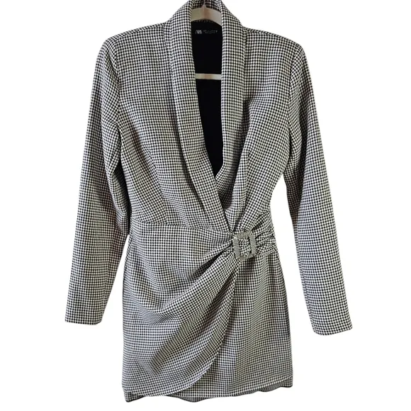 ZARA faux wrap blazer with bling buckle houndstooth print Small 041